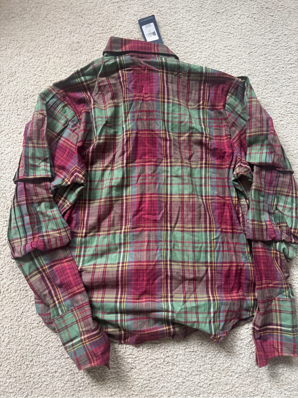 New RALPH LAUREN Size 14 Red & Green Plaid Cotton Blouse Puff Sleeves - Picture 8 of 8